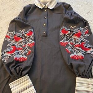 Maria Barmina Embroidered Shirt Dress | Designer Bird Motif | Size Small